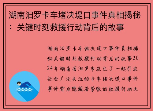湖南汨罗卡车堵决堤口事件真相揭秘：关键时刻救援行动背后的故事