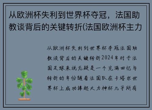 从欧洲杯失利到世界杯夺冠，法国助教谈背后的关键转折(法国欧洲杯主力2020)